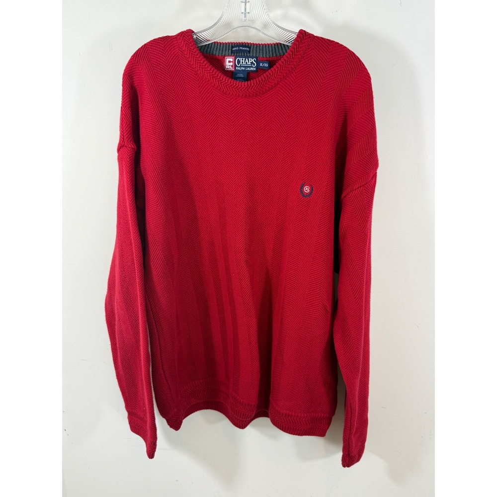 Chaps Ralph Lauren Men's XL Red Cotton Herringbone Crewneck Sweater Preppy